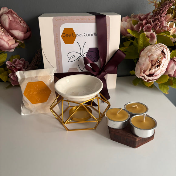 Luxury Gold & White Ceramic Wax Melter with Wax Melts Gift Set