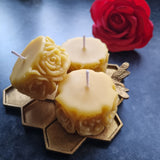 Set of 3 Pure Beeswax Votive Candles with Elegant Rose Design | 1.6oz | 8hrs+ each