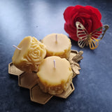 Set of 3 Pure Beeswax Votive Candles with Elegant Rose Design | 1.6oz | 8hrs+ each